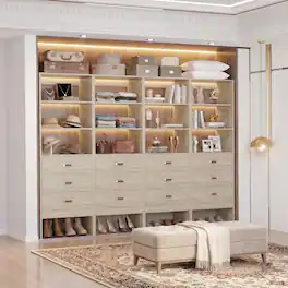 Aheaplus - 96'' Wide Walk-in Closet Organizer System, with 12 Wooden Drawers and Adjustable Shelves, 4-Pack - Beige Oak
