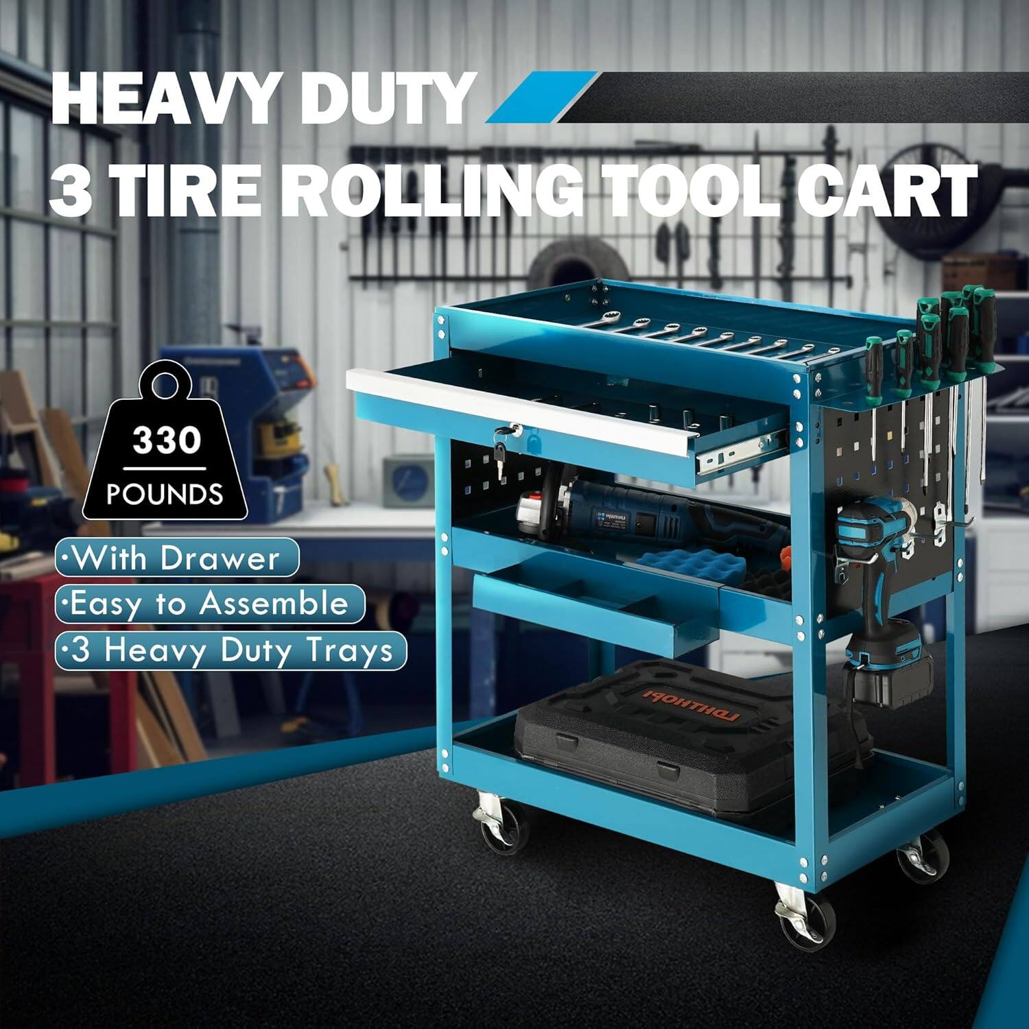 HEAVY DUTY 3 TIRE ROLLING TOOL CART
330 POUNDS
With Drawer
Easy to Assemble
3 Heavy Duty Trays