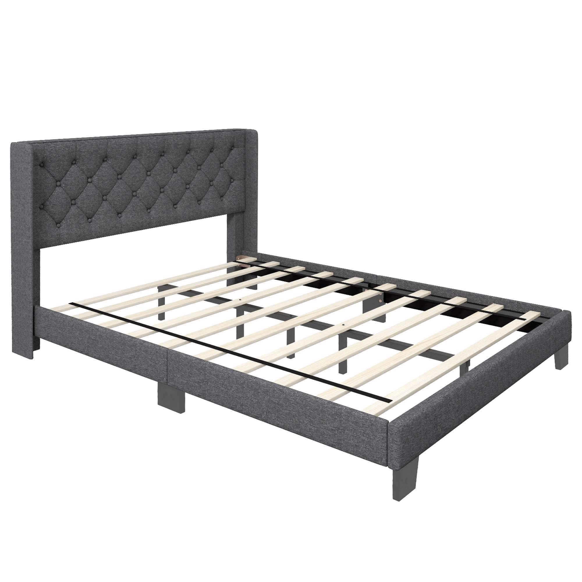 Costway - Queen Size Upholstered Platform Bed Tufted Headboard Mattress Foundation - Gray