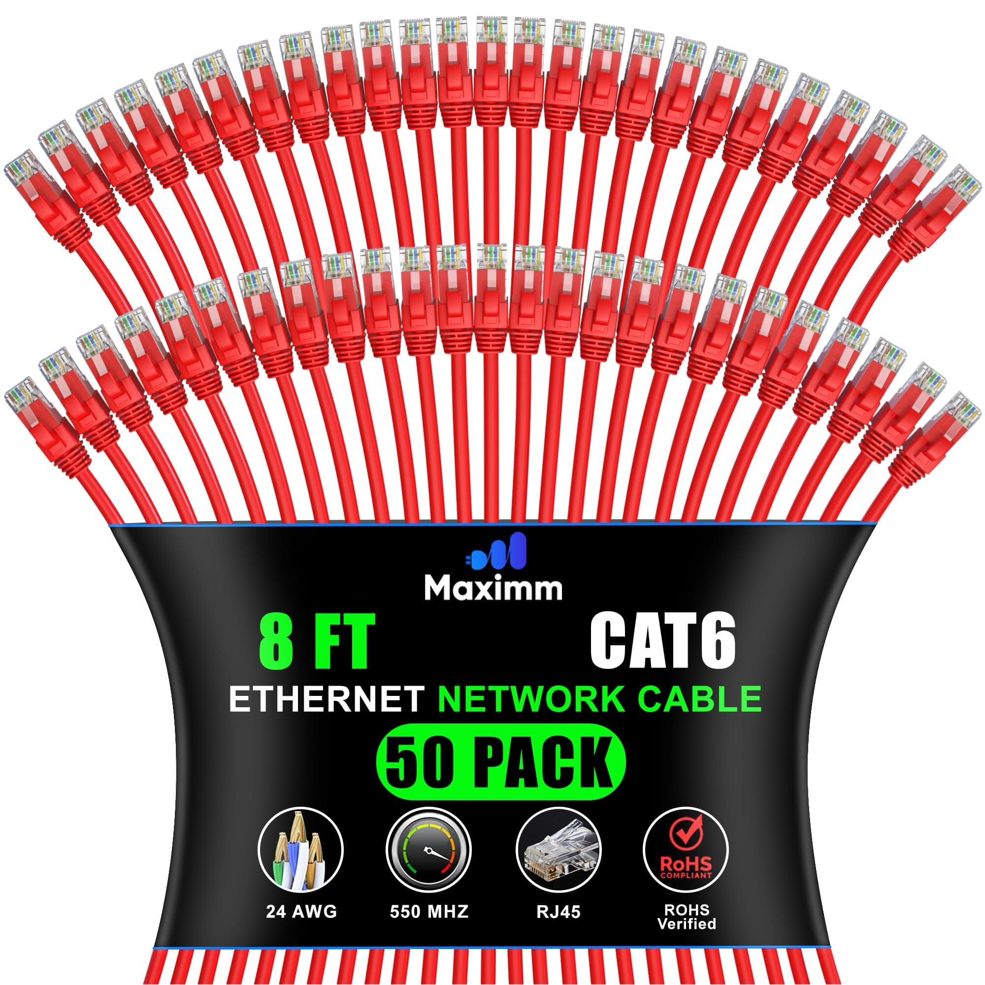 Maximm - Cat 6 Ethernet Cable 8 ft (50-Pack) - UTP, 10Gbps, 550MHz