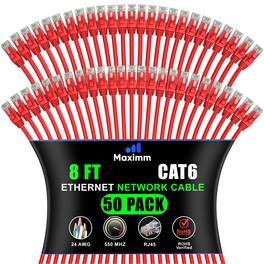 Maximm - Cat 6 Ethernet Cable 8 ft (50-Pack) - UTP, 10Gbps, 550MHz