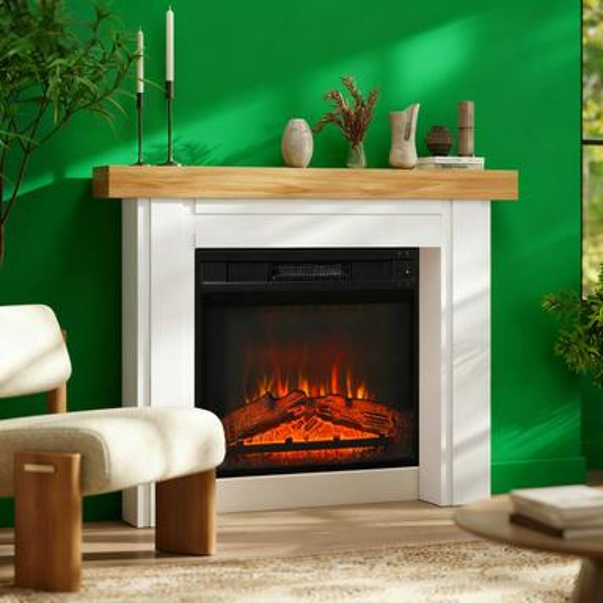 Alt View 2. Loheer - Loheer Freestanding Fireplace Mantel, 51.2" W Electric Fireplace Surround with Natural Wood Grain Top, White - Natural Wood, White.