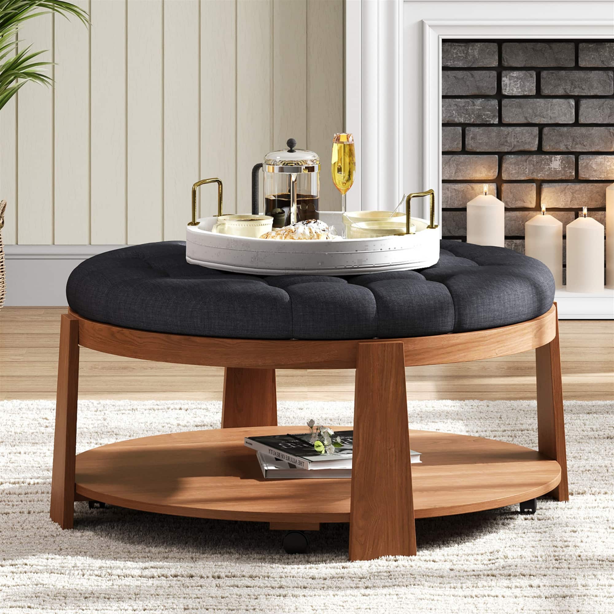 GOODSILO - Large Round Ottoman Coffee Table with Storage Shelf and Wheels - Modern Tufted Upholstered Living Room Furniture - Black+Brown