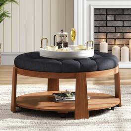 GOODSILO - Large Round Ottoman Coffee Table with Storage Shelf and Wheels - Modern Tufted Upholstered Living Room Furniture - Black+Brown
