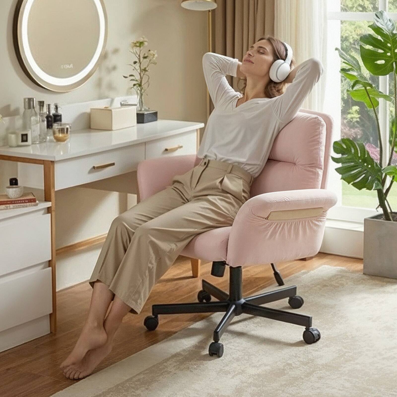 Alt View 2. Bestier - Ergonomic Cross-Legged Office Chair with Flip-Up Arms, Swivel Wheels & Adjustable Backrest for Computer Office Desk - Pink Suede.