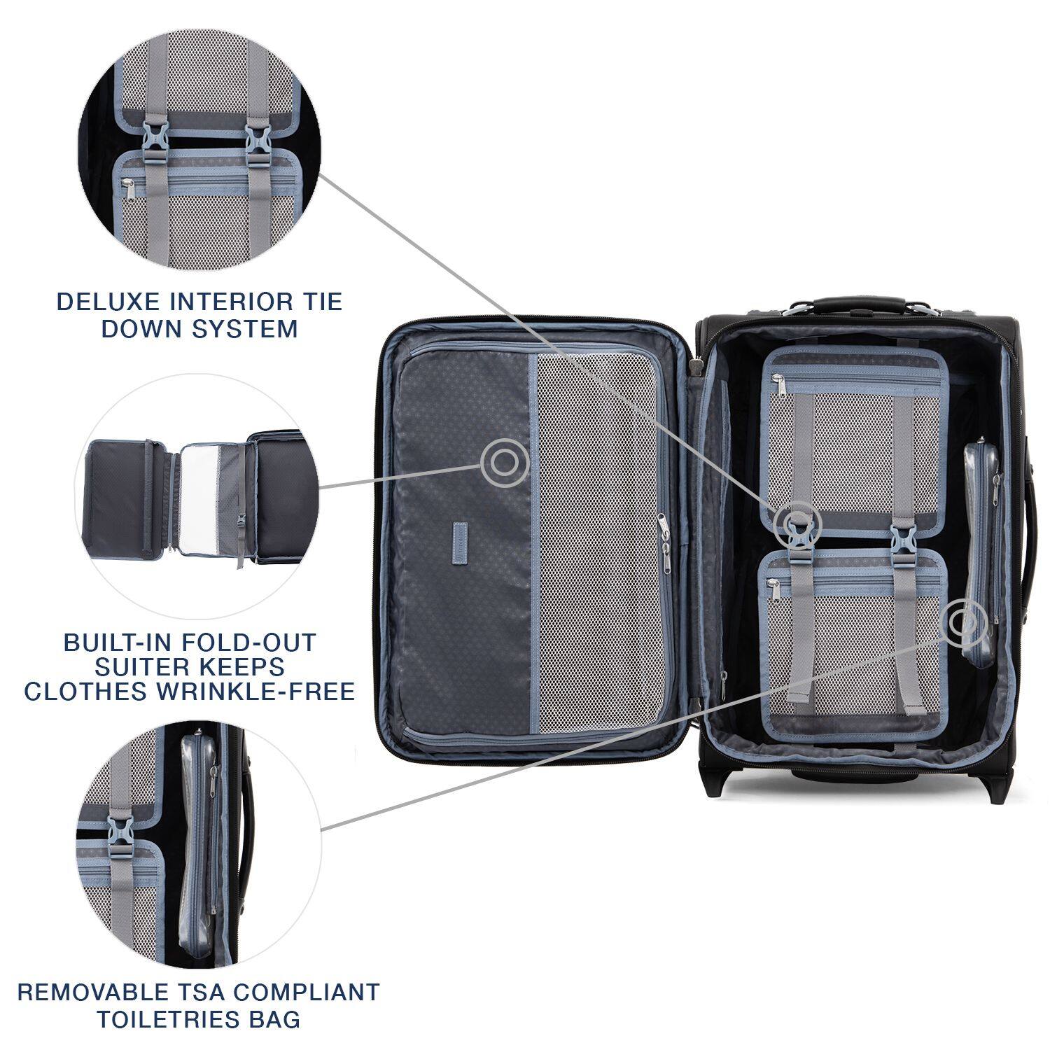 DELUXE INTERIOR TIE DOWN SYSTEM  
BUILT-IN FOLD-OUT SUITER KEEPS CLOTHES WRINKLE-FREE  
REMOVABLE TSA COMPLIANT TOILETRIES BAG