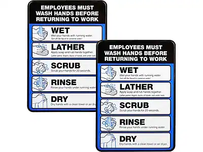 **EMPLOYEES MUST WASH HANDS BEFORE RETURNING TO WORK**
1. **WET**
- Wet your hands with running water.
- Rub hands together.
2. **LATHER**
- Apply soap and rub hands together.
- Lather palms, back of hands, and under nails.
3. **SCRUB**
- Scrub your hands for 20 seconds.
4. **RINSE**
- Rinse your hands under running water.
5. **DRY**
- Dry hands with a clean towel or air dryer.
**EMPLOYEES MUST WASH HANDS BEFORE RETURNING TO WORK**
1. **WET**
- Wet your hands with running water.
- Rub hands together.
2. **LATHER**
- Apply soap and rub hands together.
- Lather palms, back of hands, and under nails.
3. **SCRUB**
- Scrub your hands for 20 seconds.
4. **RINSE**
- Rinse your hands under running water.
5. **DRY**
- Dry hands with a clean towel or air dryer.