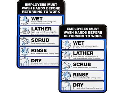 **EMPLOYEES MUST WASH HANDS BEFORE RETURNING TO WORK**

1. **WET**
   - Wet your hands with running water.
   - Rub hands together.

2. **LATHER**
   - Apply soap and rub hands together.
   - Lather palms, back of hands, and under nails.

3. **SCRUB**
   - Scrub your hands for 20 seconds.

4. **RINSE**
   - Rinse your hands under running water.

5. **DRY**
   - Dry hands with a clean towel or air dryer.

**EMPLOYEES MUST WASH HANDS BEFORE RETURNING TO WORK**

1. **WET**
   - Wet your hands with running water.
   - Rub hands together.

2. **LATHER**
   - Apply soap and rub hands together.
   - Lather palms, back of hands, and under nails.

3. **SCRUB**
   - Scrub your hands for 20 seconds.

4. **RINSE**
   - Rinse your hands under running water.

5. **DRY**
   - Dry hands with a clean towel or air dryer.