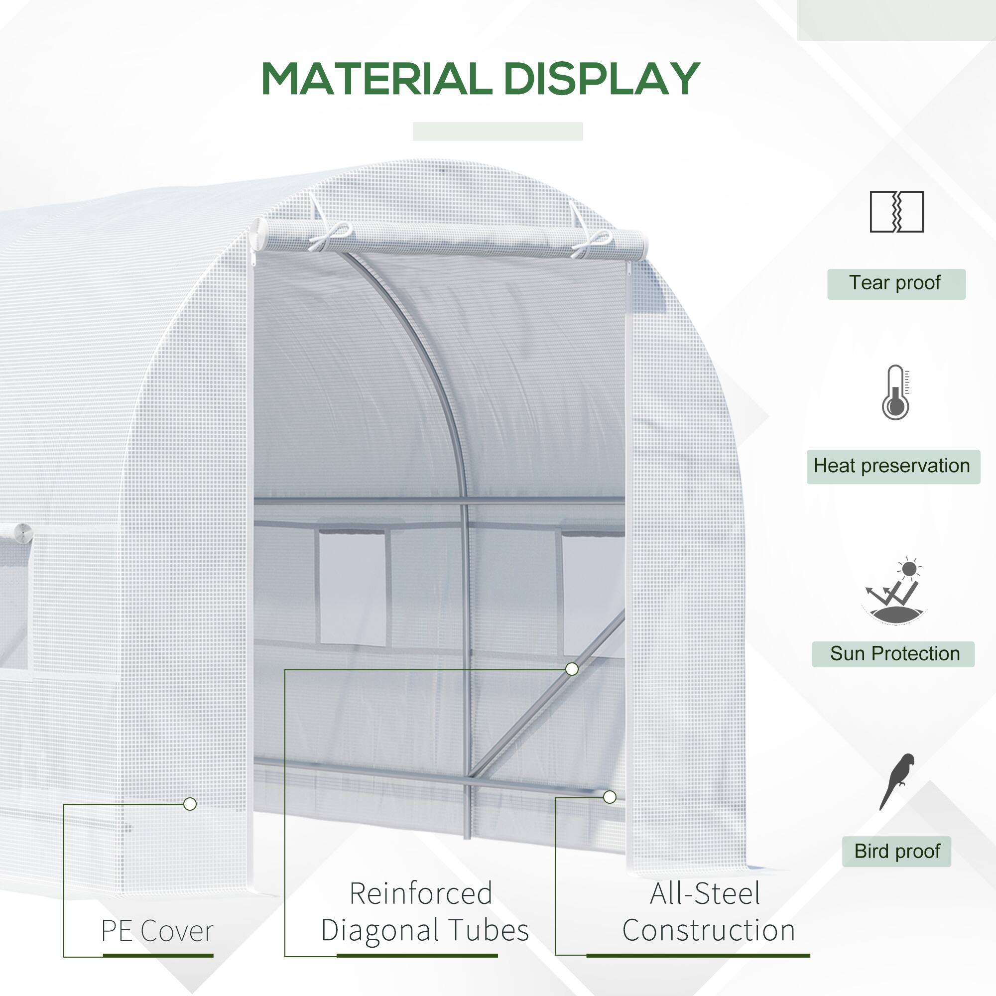 MATERIAL DISPLAY

- Tear proof
- Heat preservation
- Sun Protection
- PE Cover
- Reinforced Diagonal Tubes
- Bird proof
- All-Steel Construction