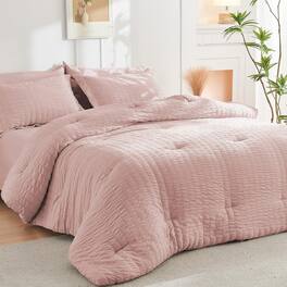 Dazzed Corner - Seersucker 5/7 Pieces Bed in a Bag Comforter Set with Sheets, Pillowcases & Shams - Rose Gold