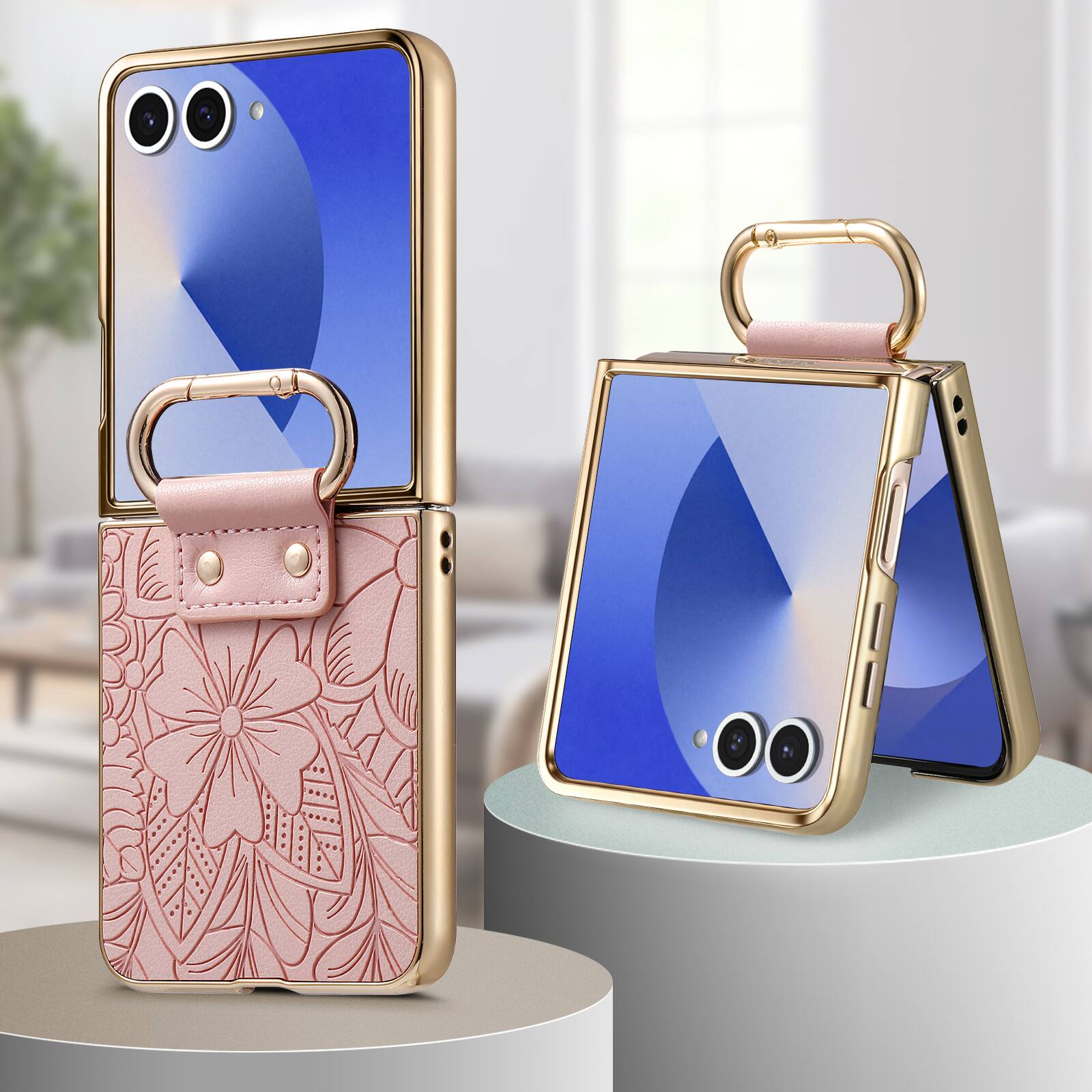 Back. Dteck - Shockproof Floral Leather Texture Case for Samsung Galaxy Z Flip8, Electroplated Rigid Plastic Cover with Ring Holder - Pink.