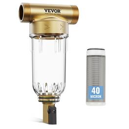 VEVOR - Spin Down Filter, 40 Micron Whole House Sediment Filter for Well Water, 3/4" FNPT + 1" MNPT, 4 T/H High Flow Rate - Brass + Clear