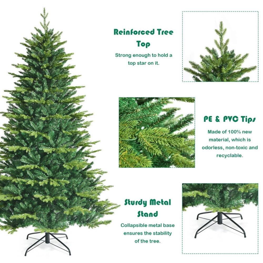 Reinforced Tree Top  
Strong enough to hold a top star on it.

PE & PVC Tips  
Made of 100% new material, which is odorless, non-toxic and recyclable.

Sturdy Metal Stand  
Collapsible metal base ensures the stability of the tree.