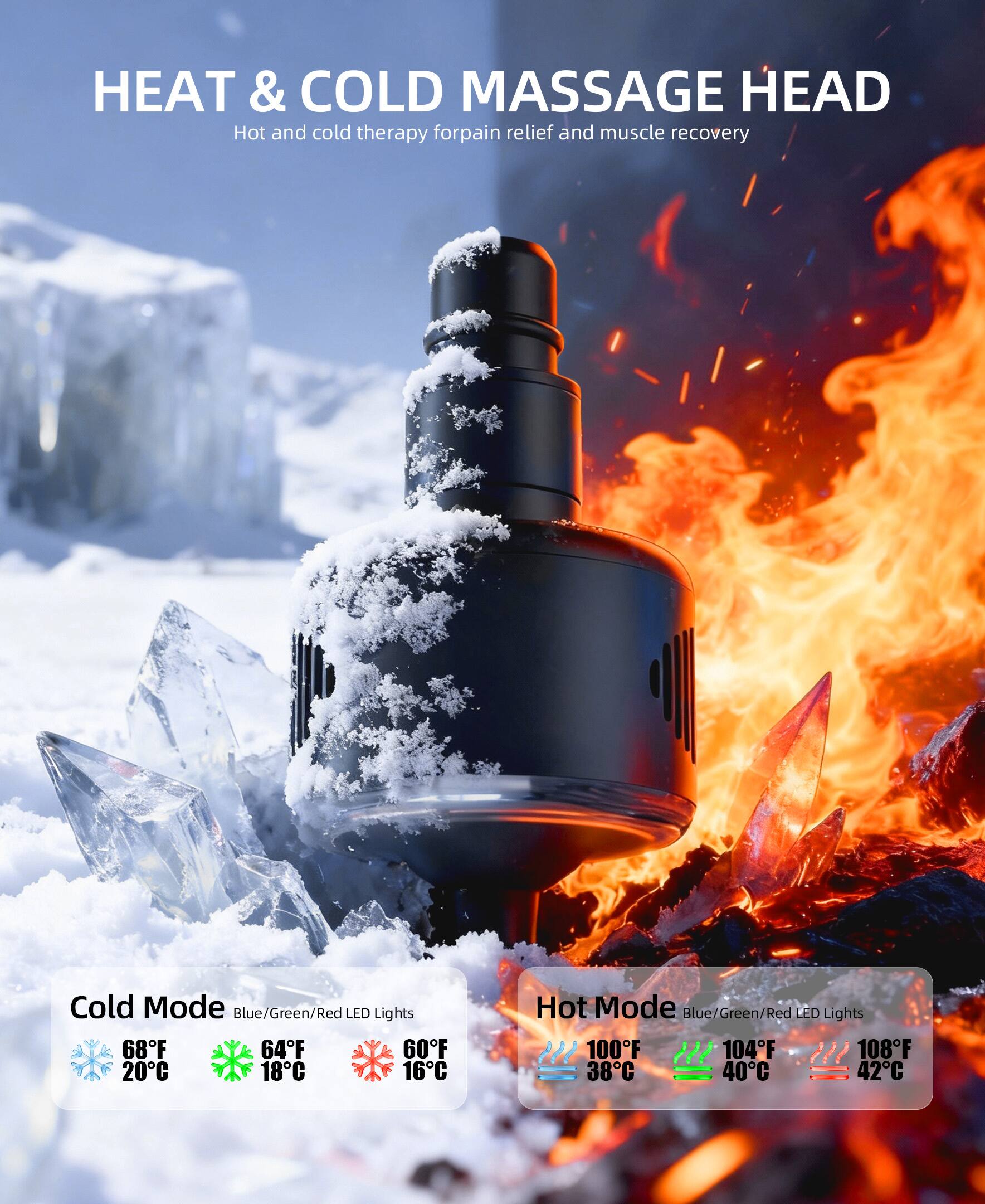 HEAT & COLD MASSAGE HEAD  
Hot and cold therapy for pain relief and muscle recovery  

Cold Mode  
Blue/Green/Red LED Lights  
68°F (20°C)  
64°F (18°C)  
60°F (16°C)  

Hot Mode  
Blue/Green/Red LED Lights  
100°F (38°C)  
104°F (40°C)  
108°F (42°C)