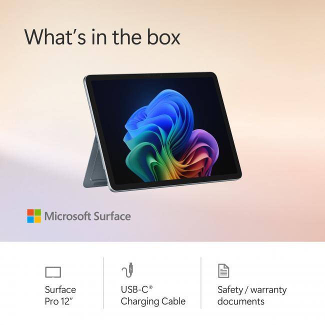 What's in the box

Microsoft Surface

- Surface Pro 12"
- USB-C Charging Cable
- Safety / warranty documents