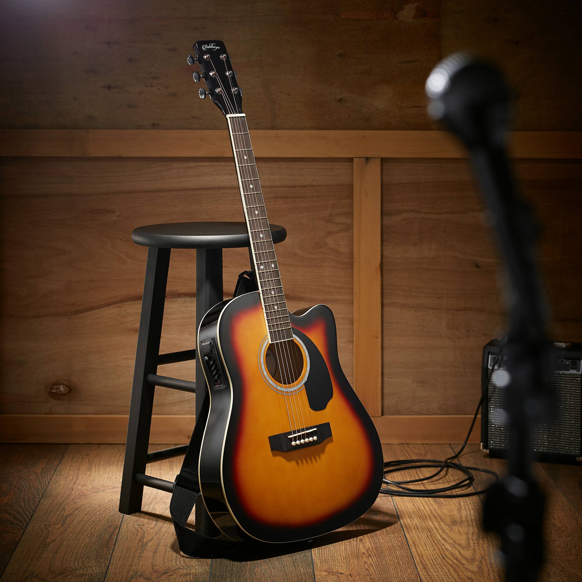 Alt View 1. Ashthorpe - Full-Size Cutaway Thinline Acoustic-Electric Guitar w/ Gig Bag and EQ - Sunburst.
