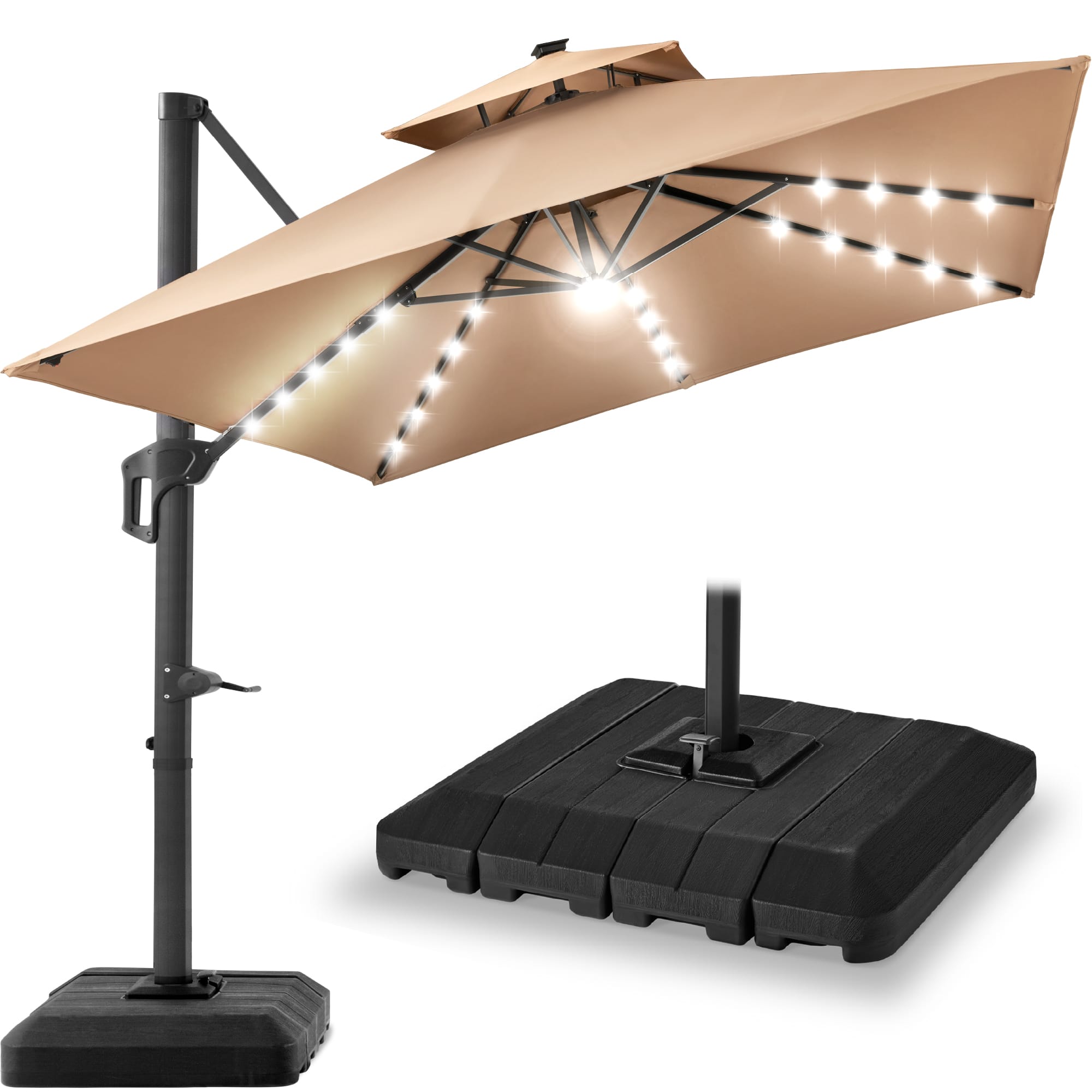 Best Choice Products - 12x12ft 2-Tier Square Outdoor Solar LED Cantilever Umbrella w/ 360-Rotating Base - Tan