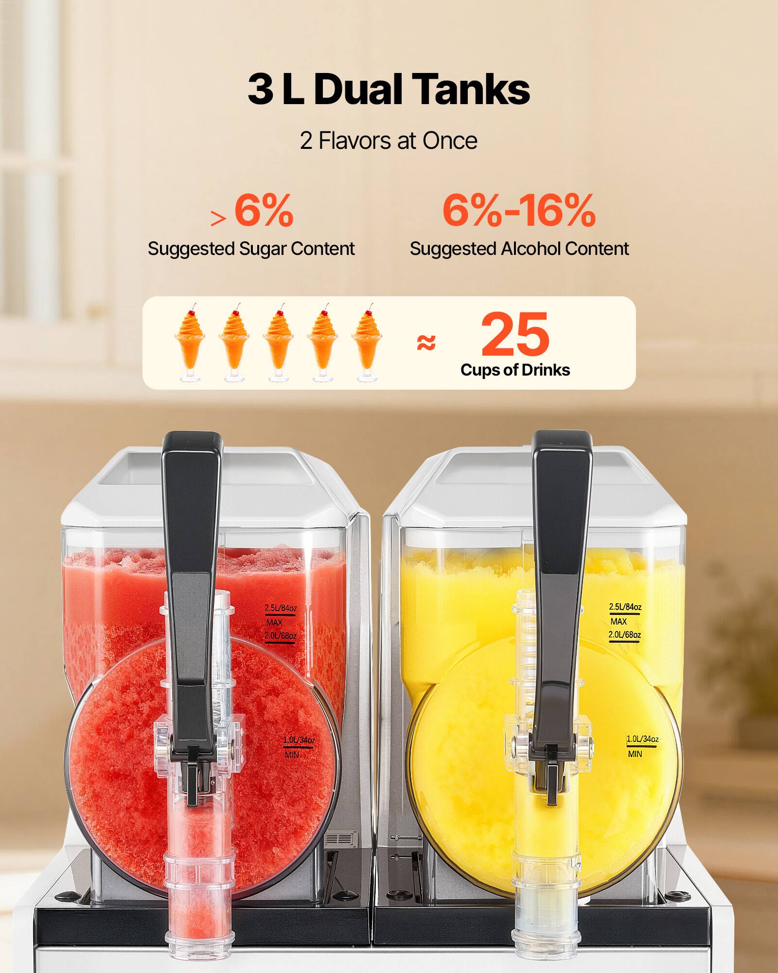 3 L Dual Tanks  
2 Flavors at Once  
> 6% Suggested Sugar Content  
6%-16% Suggested Alcohol Content  
25 Cups of Drinks  
2.5L/84oz MAX  
1.0L/34oz MIN