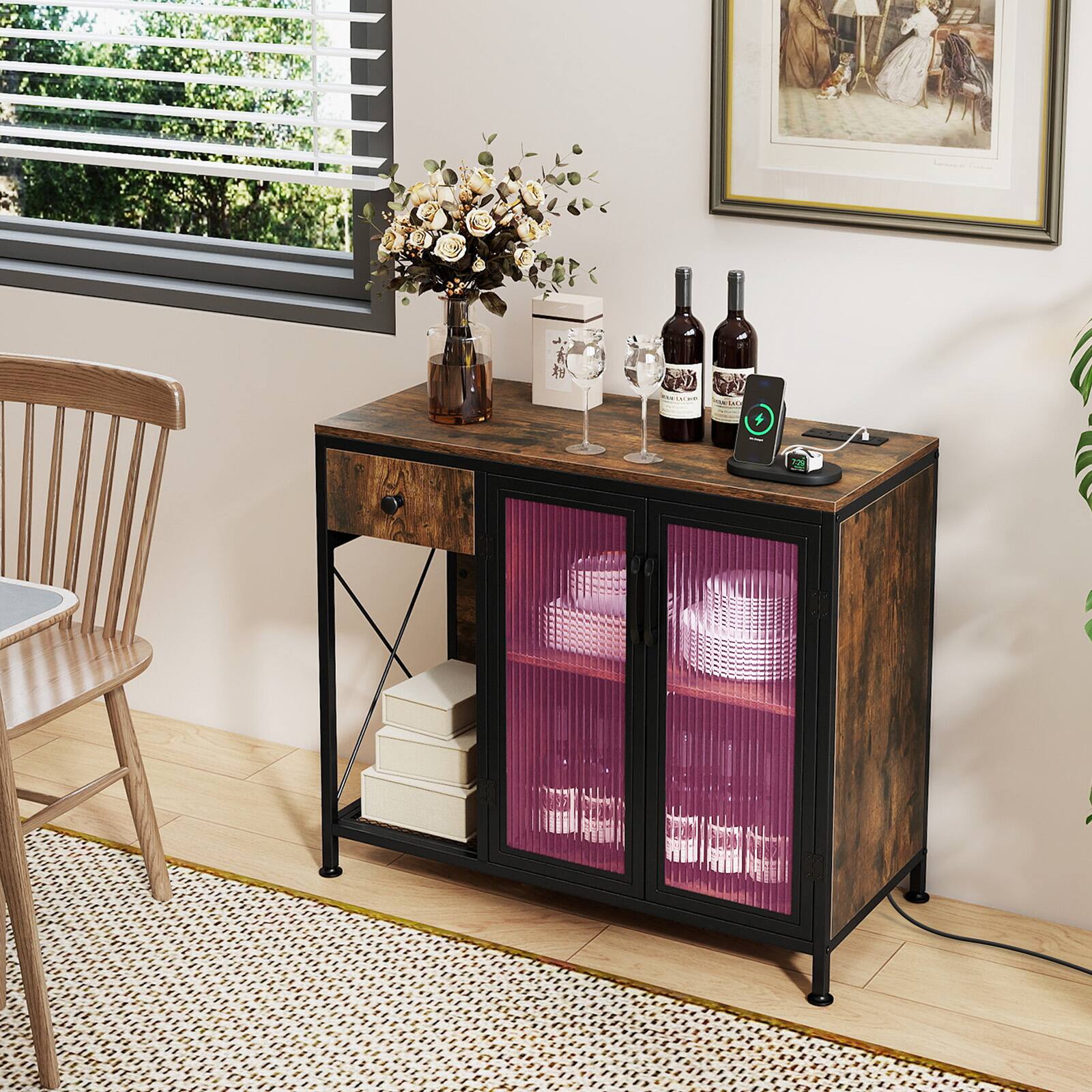 Alt View 3. Costway - Costway Buffet Sideboard Cabinet, 34" Kitchen Cabinet with Adjustable RGB LED Lights - Rustic Brown and Black.