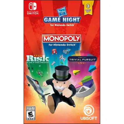 3 GAMES IN 1: GAME NIGHT for Nintendo Switch, MONOPOLY for Nintendo Switch, Risk: THE GAME OF GLOBAL DOMINATION, TRIVIAL PURSUIT LIVE! EVERYONE 11+ 38A60 10 ESRB UBISOFT - E (Everyone)