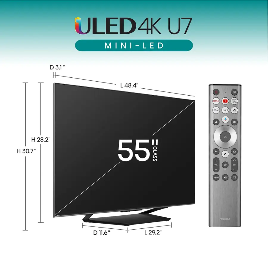 ULED4K 4K U7 MINI-LED - LED D 3.1" L 48.4" = M1 - i tute o H 28.2" H 30.7" 55 CLASS < + - I CK C  1 a L MEN H  Aidense D 11.6" L 29.2"