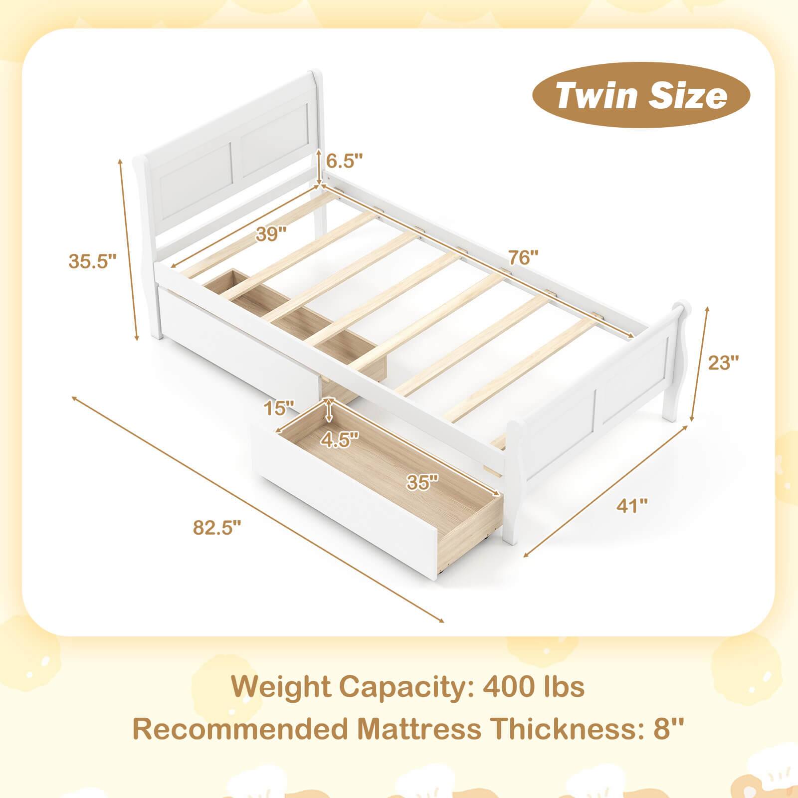 Twin Size

- 6.5"
- 35.5"
- 39"
- 76"
- 23"
- 15"
- 4.5"
- 82.5"
- 35"
- 41"

Weight Capacity: 400 lbs

Recommended Mattress Thickness: 8"