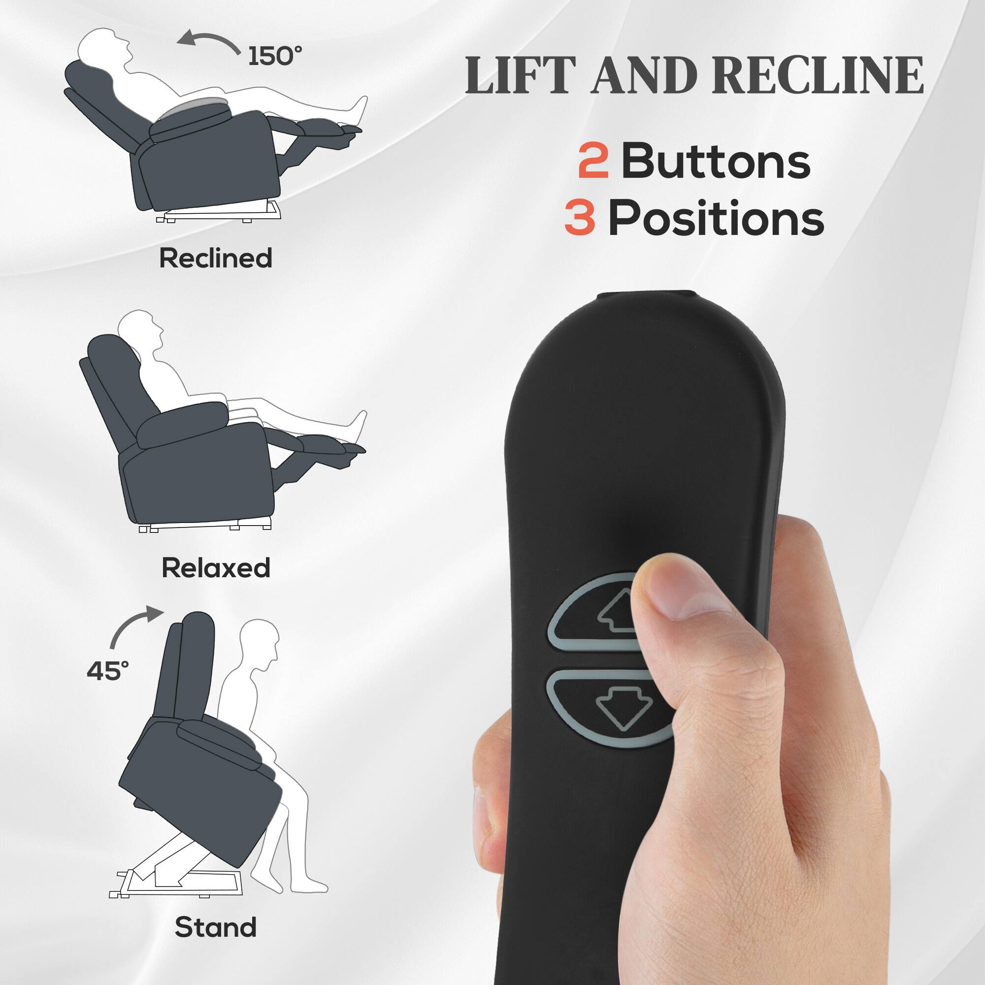 LIFT AND RECLINE, Reclined, 2 Buttons, 3 Positions, Relaxed, 45, Stand