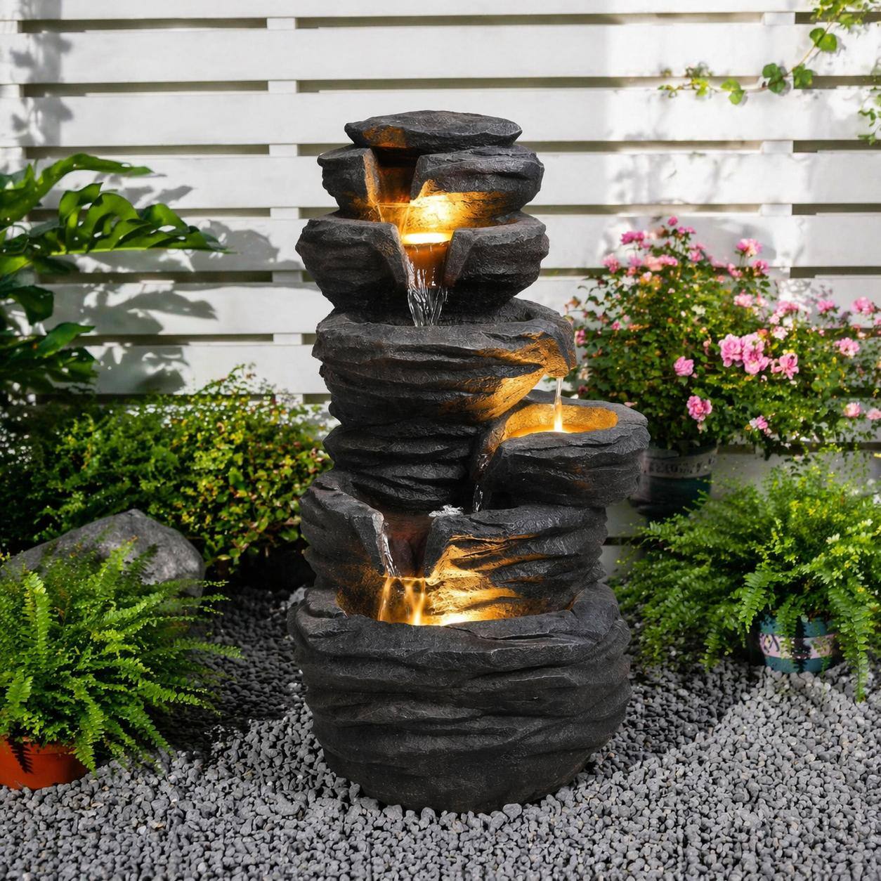 Left. RYHNUYNE - Outdoor Rock Water Fountain with LED Lights – Multi-Tier Cascading Waterfall Resin Garden Feature for Patio, Yard.
