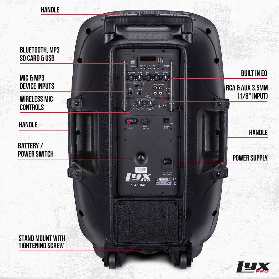 Lyxpro 15 Inch Rechargeable Battery PA Speaker, PA System W