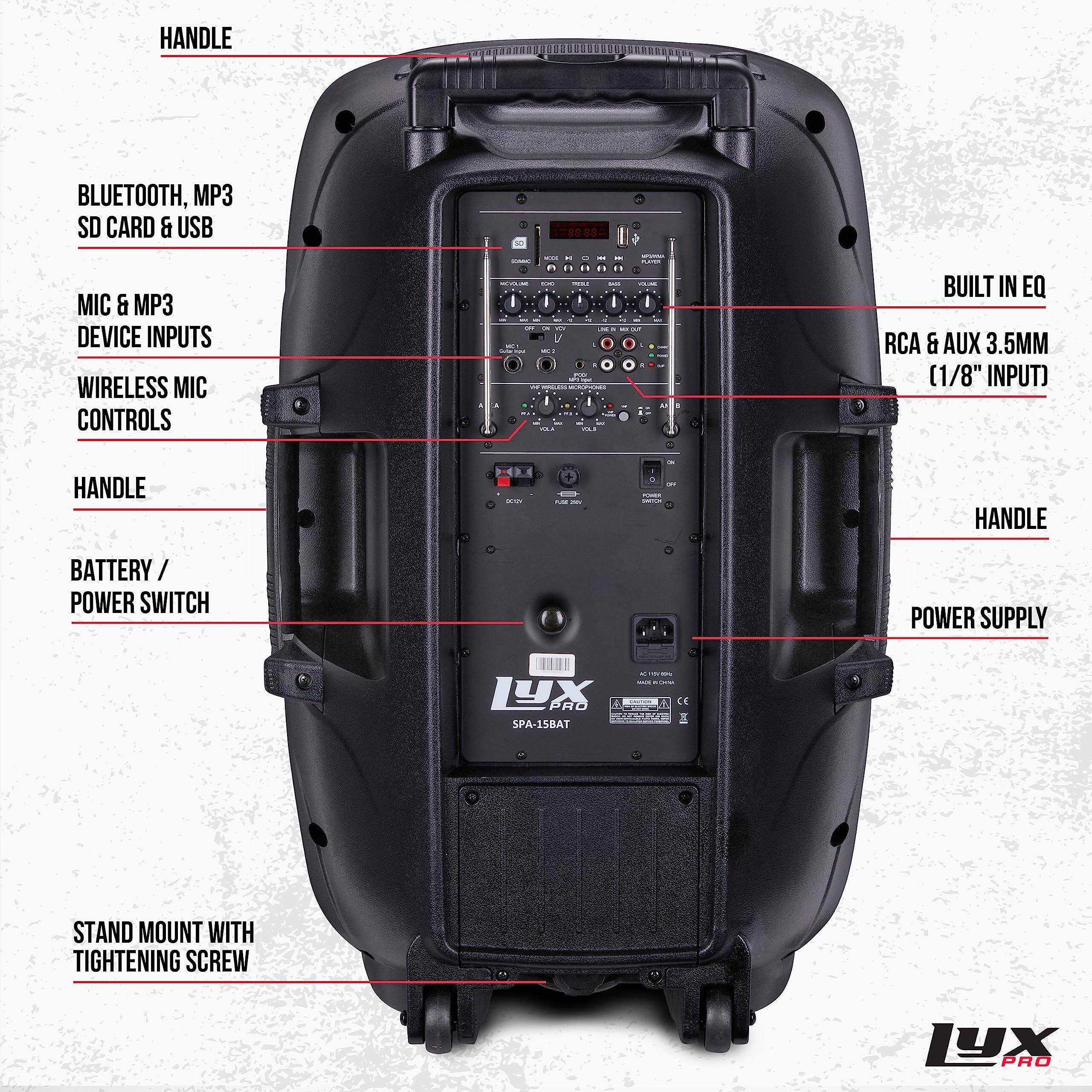 HANDLE
BLUETOOTH, MP3, SD CARD & USB
MIC & MP3 DEVICE INPUTS
WIRELESS MIC CONTROLS
BUILT IN EQ
RCA & AUX 3.5MM (1/8" INPUT)
HANDLE
HANDLE
BATTERY / POWER SWITCH
POWER SUPPLY
STAND MOUNT WITH TIGHTENING SCREW