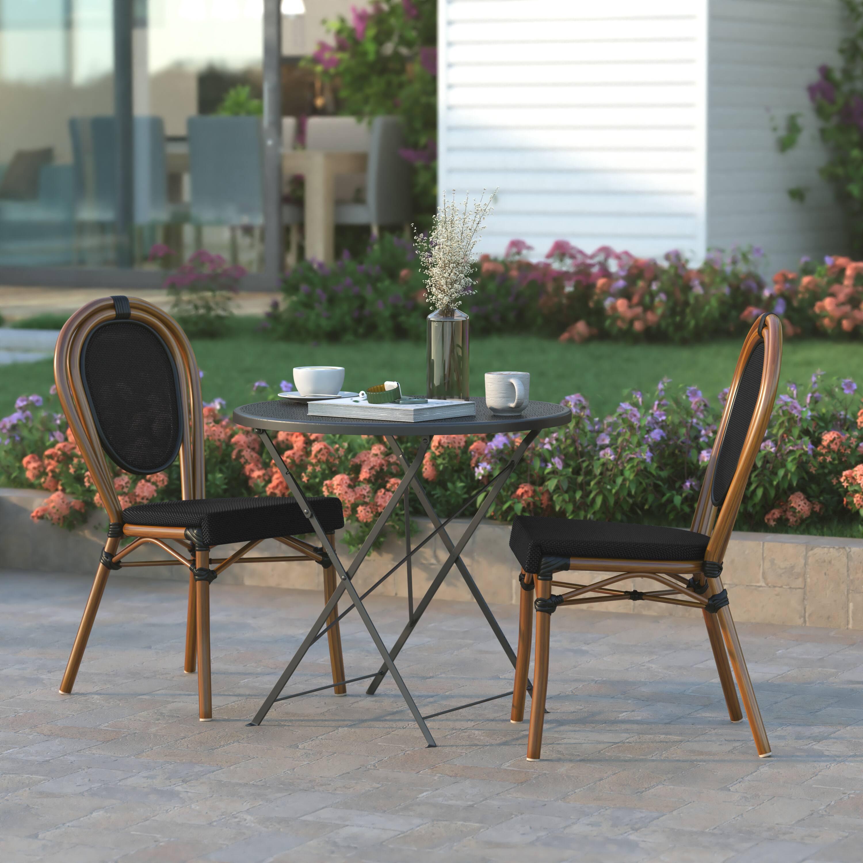 Alt View 3. Emma + Oliver - Colmar Indoor/Outdoor Stacking Thonet Bistro Style Chair with Arms, PE Rattan Seat and Finished Metal Frame - Black & White/Black Frame.