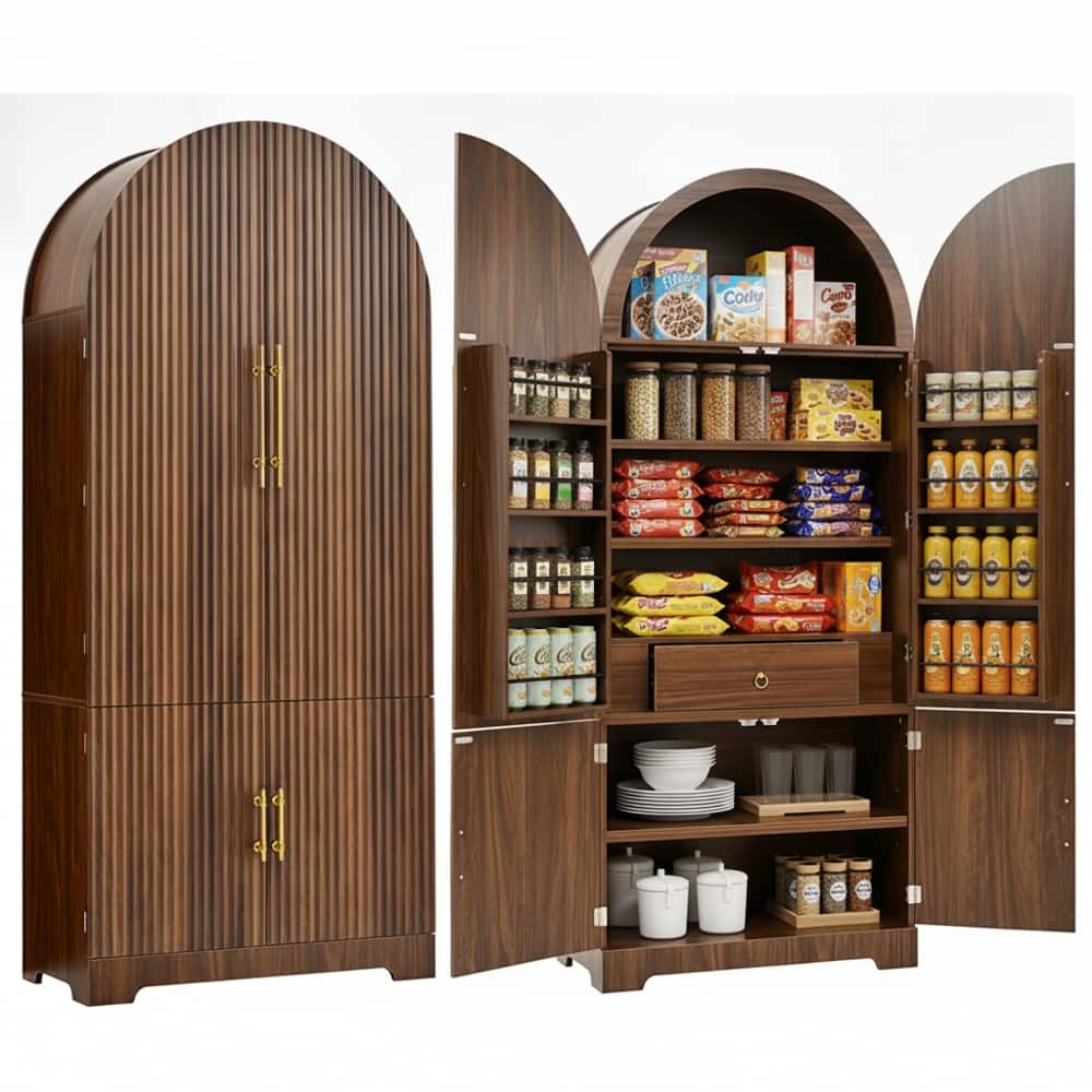 "Loheer - 72"" Tall Arched Kitchen Pantry Cabinet, Fluted Storage Cupboard with Hidden Drawer & Adjustable Shelves - Brown" price history on PriceWatchPro