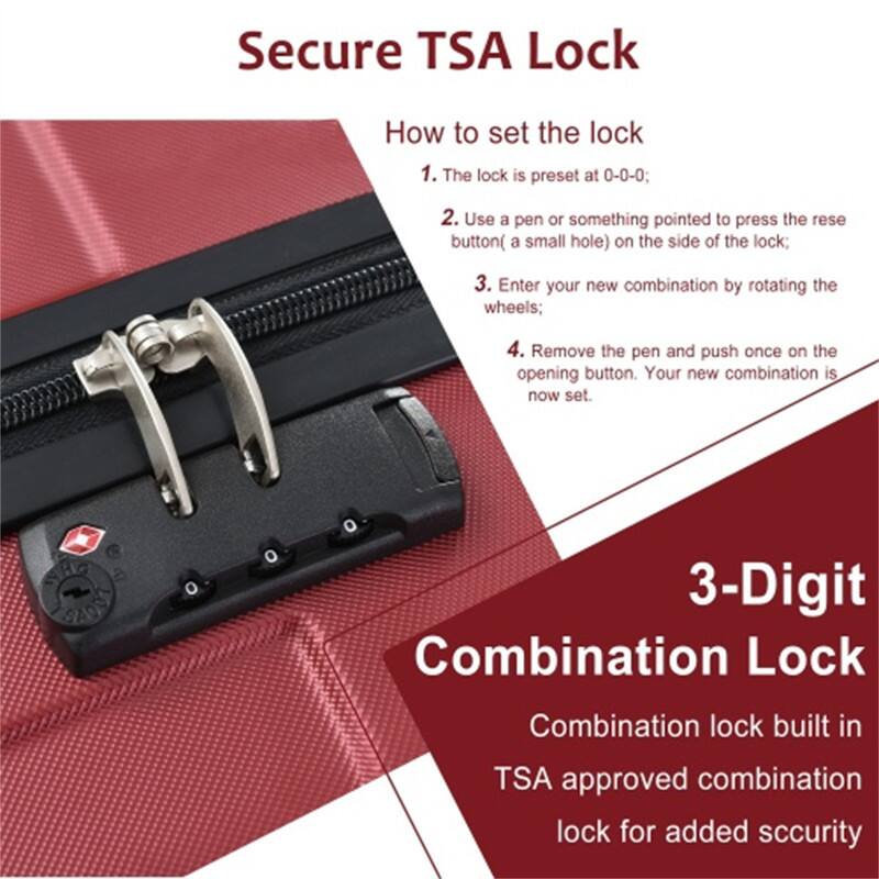 Secure TSA Lock

How to set the lock
1. The lock is preset at 0-0-0;
2. Use a pen or something pointed to press the reset button (a small hole) on the side of the lock;
3. Enter your new combination by rotating the wheels;
4. Remove the pen and push once on the opening button. Your new combination is now set.

3-Digit Combination Lock
Combination lock built in TSA approved combination lock for added security