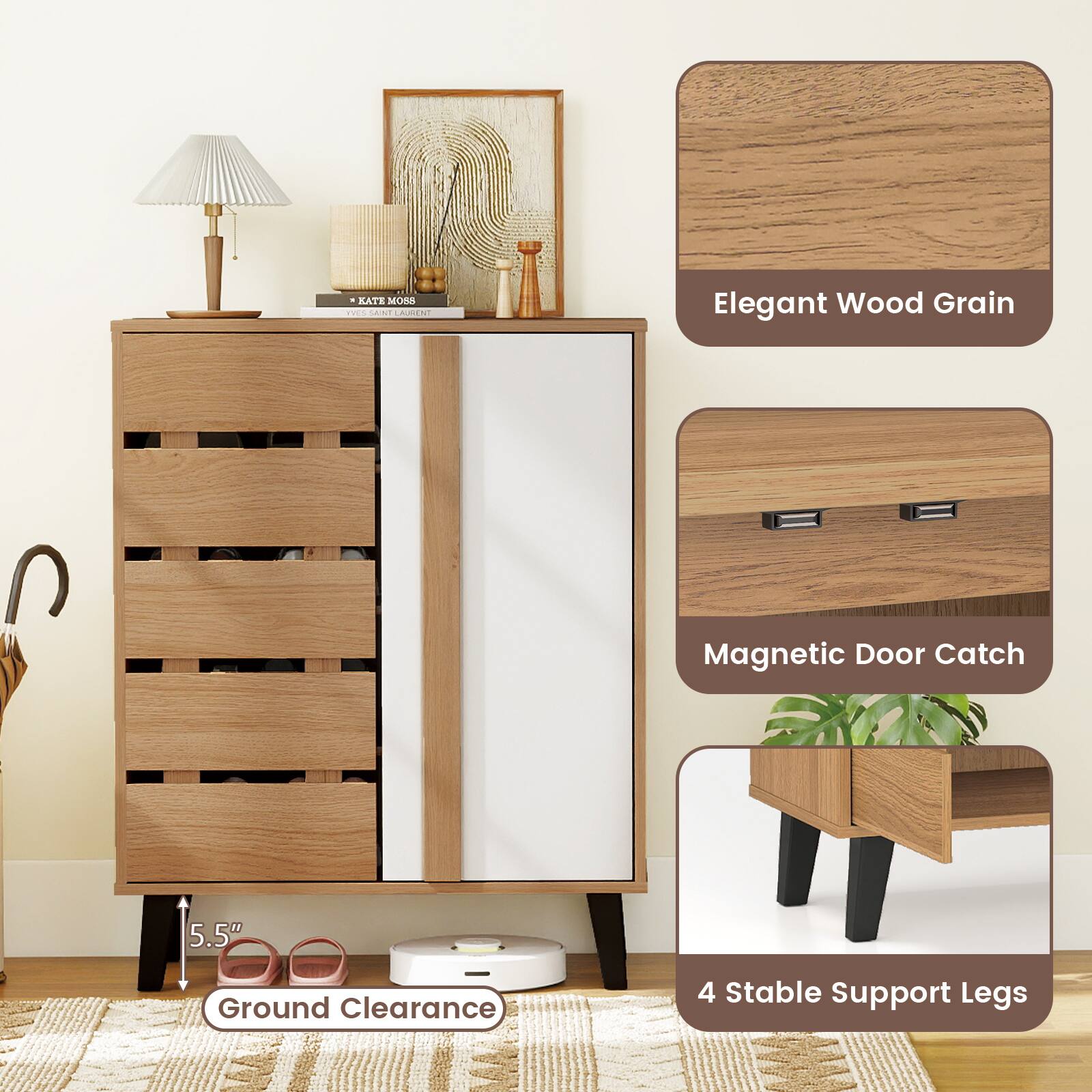 KATE MORE O N AUSENT  
Elegant Wood Grain Magnetic Door Catch  
5.5" Ground Clearance  
4 Stable Support Legs