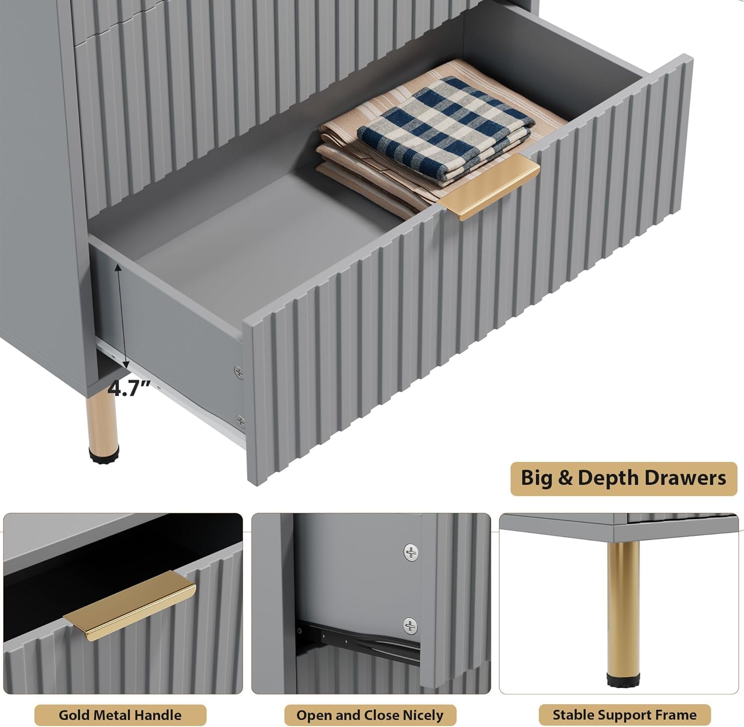 4.7" Big & Depth Drawers  
Gold Metal Handle  
Open and Close Nicely  
Stable Support Frame