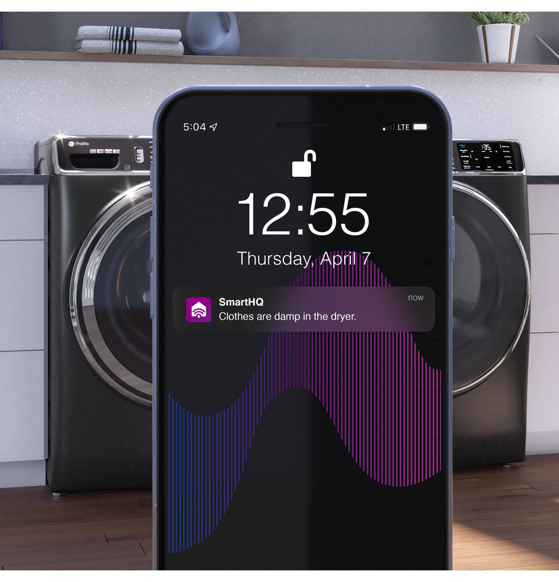 Zoom in on 5:04 LTE Preatoe - T I - - 12:55 Thursday, April 7 SmartHQ Clothes are damp in the dryer. now