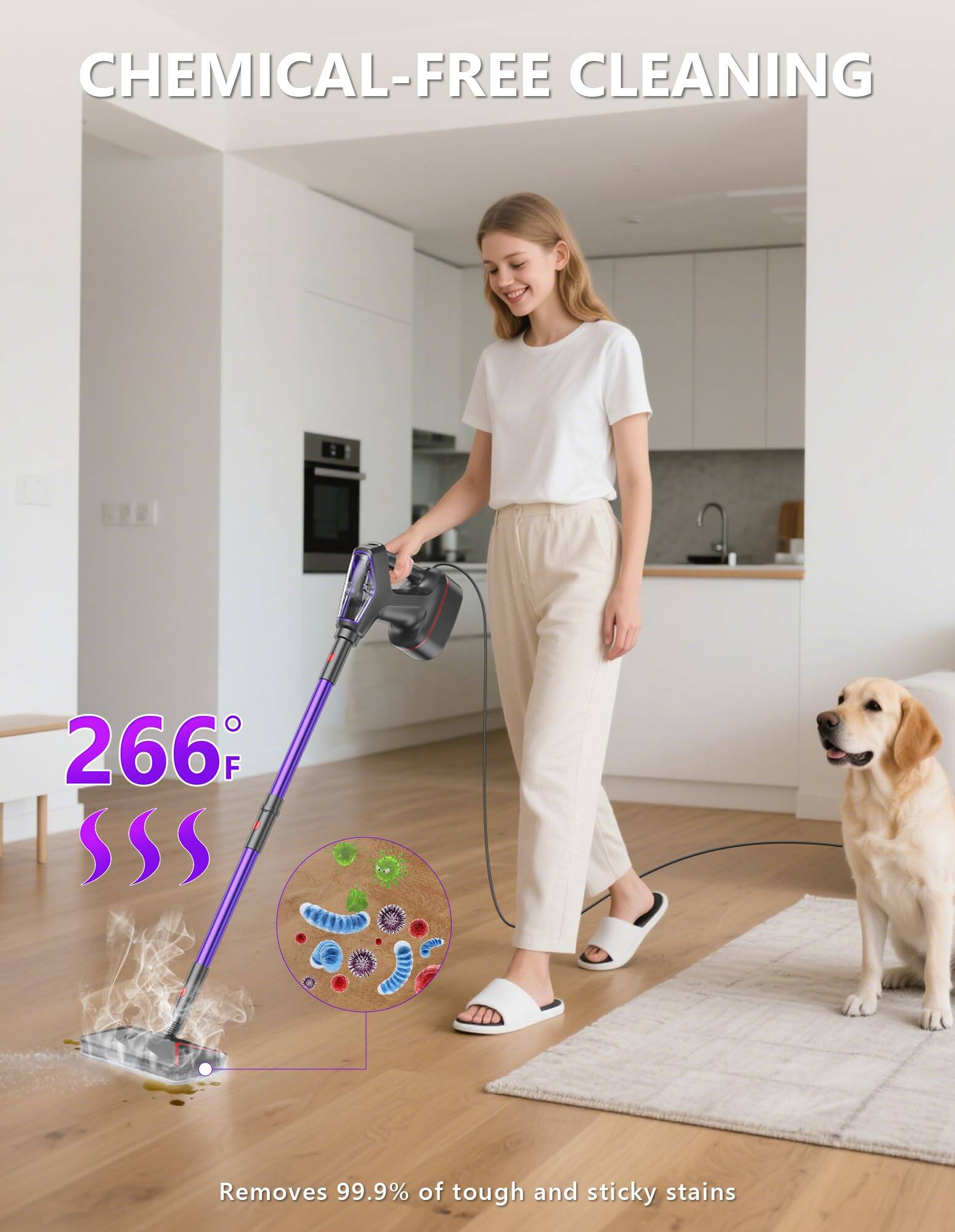 CHEMICAL-FREE CLEANING

266°F

Removes 99.9% of tough and sticky stains