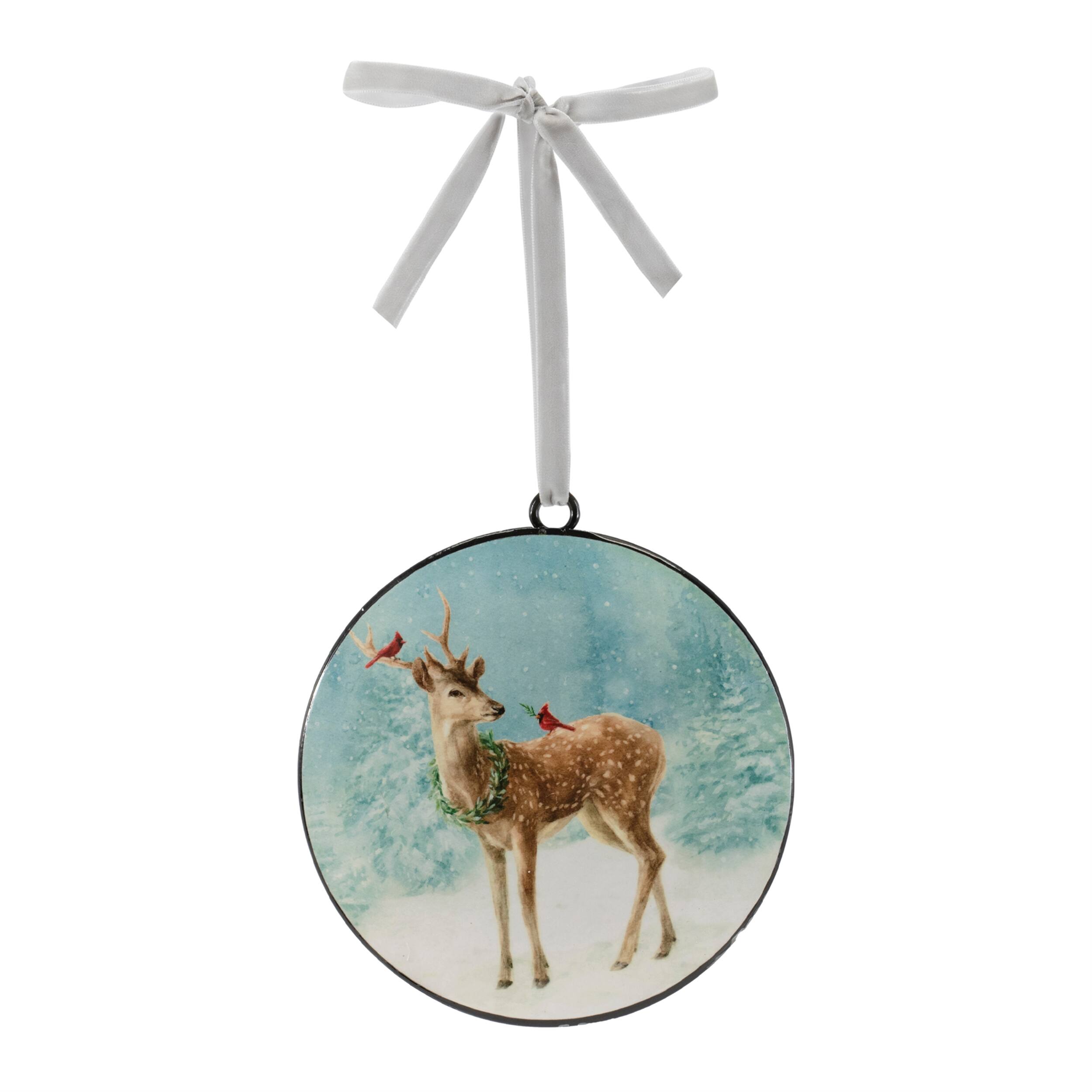 Angle. BreeBe - Deer Disc Ornament (Set of 12) - Blue, White, Brown.