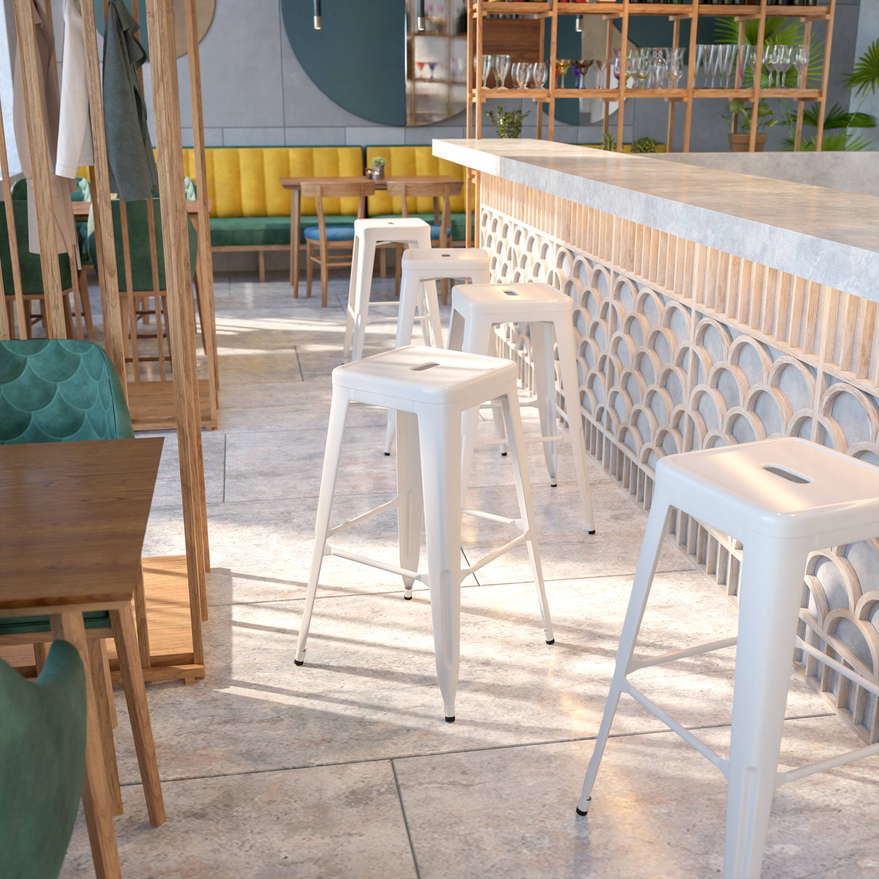 Angle. Flash Furniture - Kai Commercial Grade 30" High Backless White Metal Indoor-Outdoor Barstool with Square Seat - White.