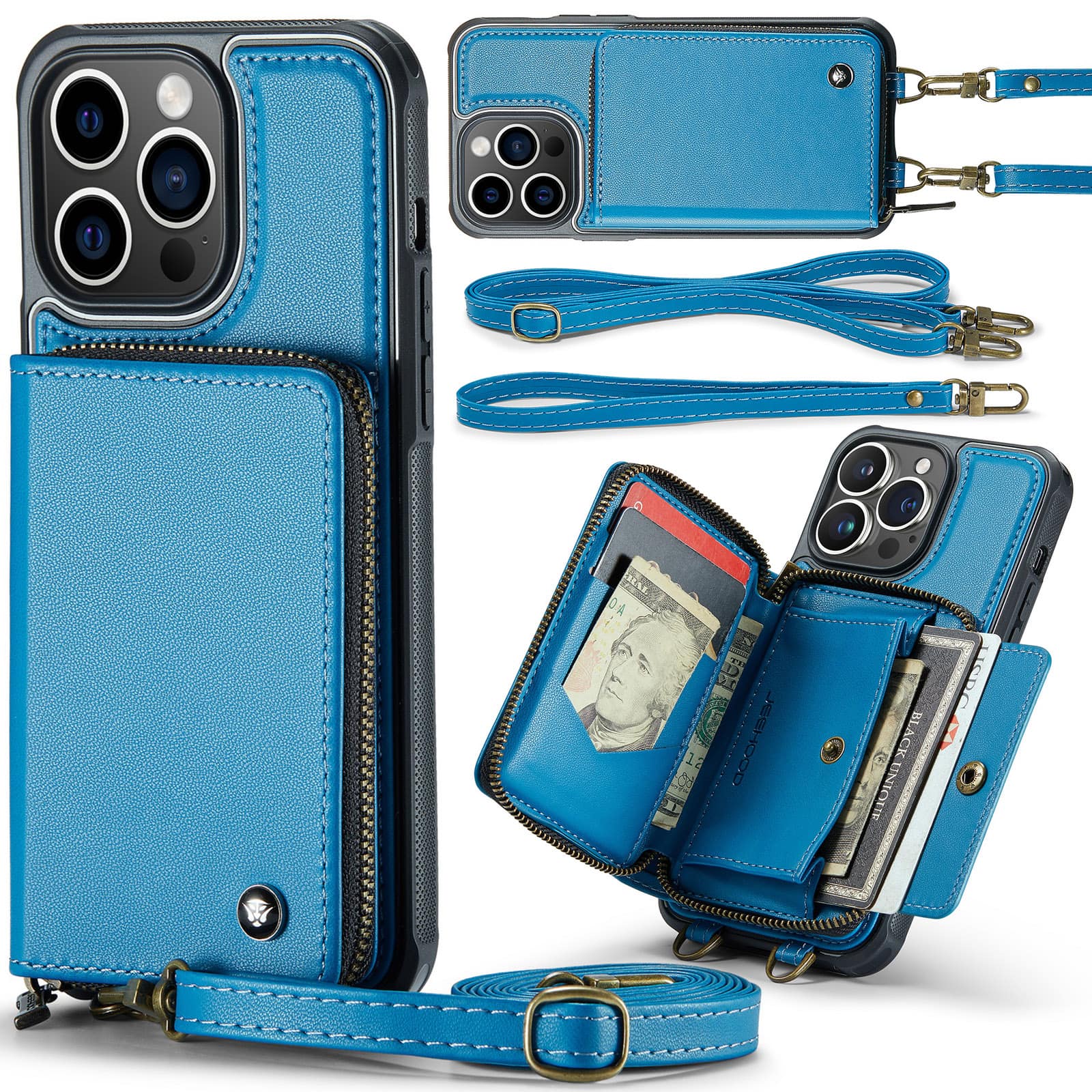 Dteck - Crossbody Zipper Wallet Case for Apple iPhone 15 Pro Max, RFID Blocking PU Leather Card Slots Wrist Strap Lanyard Cover - Blue