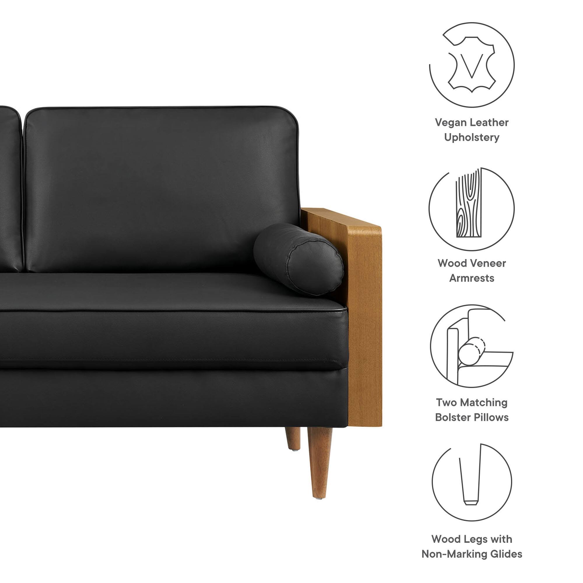 Vegan Leather Upholstery  
Wood Veneer Armrests  
Two Matching Bolster Pillows  
Wood Legs with Non-Marking Glides
