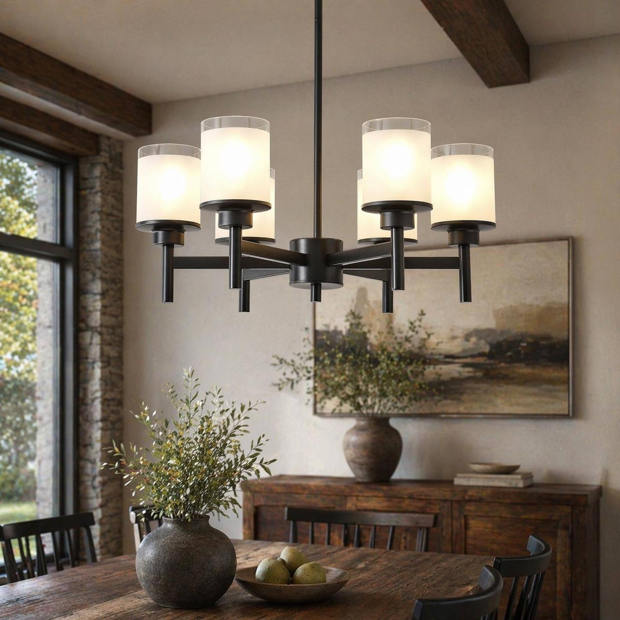 Alt View 3. RYHNUYNE - 6-Light Frosted Glass Farmhouse Chandelier with Adjustable Hanging Rods, Black Metal Industrial Pendant Light.