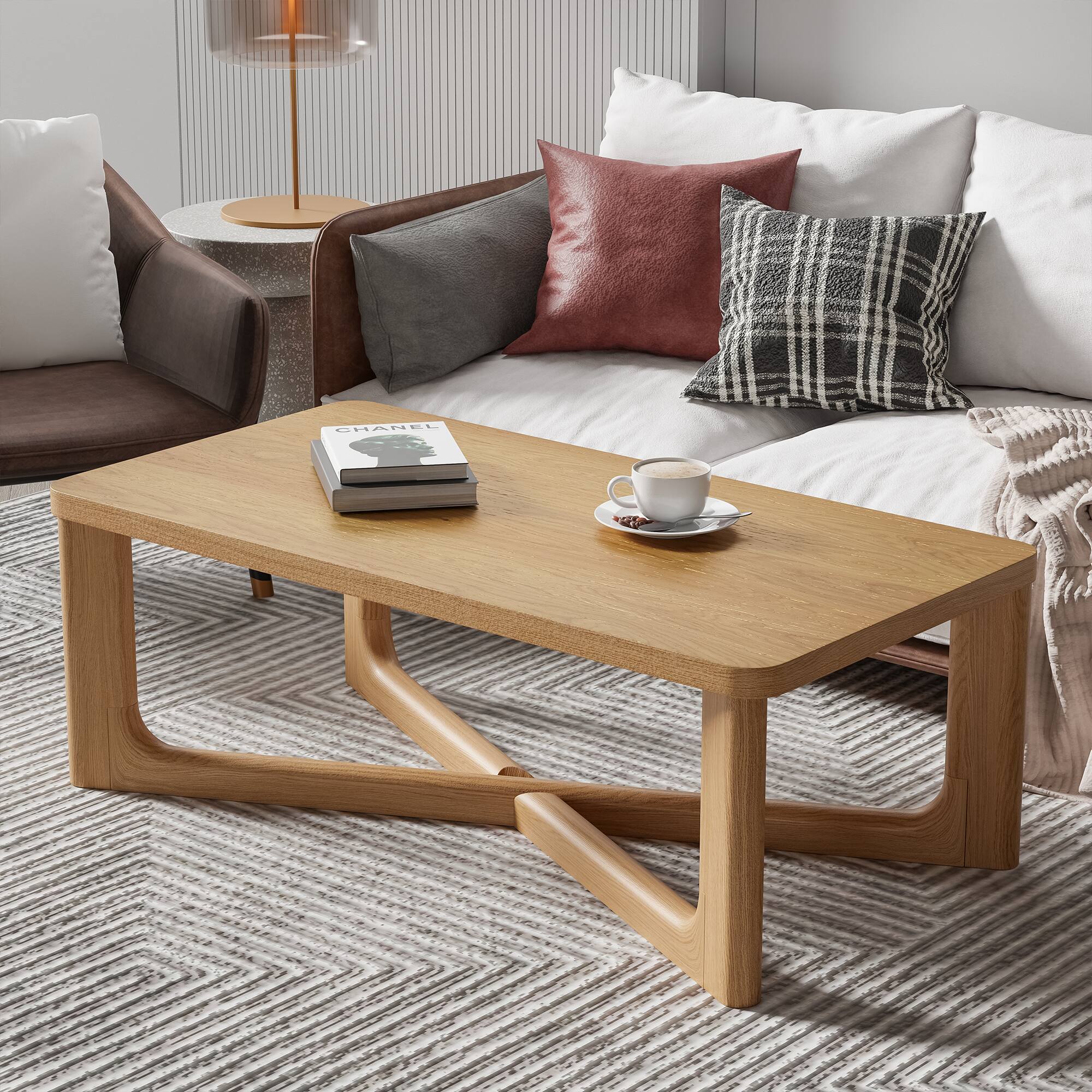 Alt View 1. PexFix - 50 in. Solid Wood Coffee Table with Cross-Base, Living Room Centerpiece, Sturdy & Safe for Families - Natural.