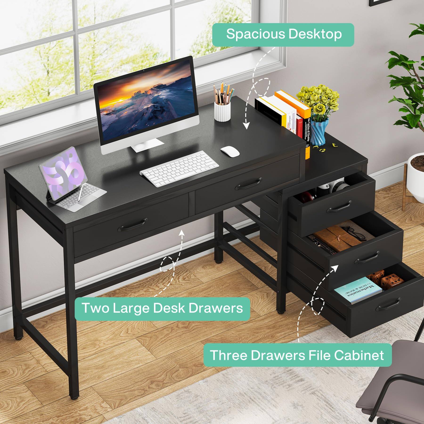 Tribesigns Computer Desk with 5 Drawers, Reversible Home Office Desks ...