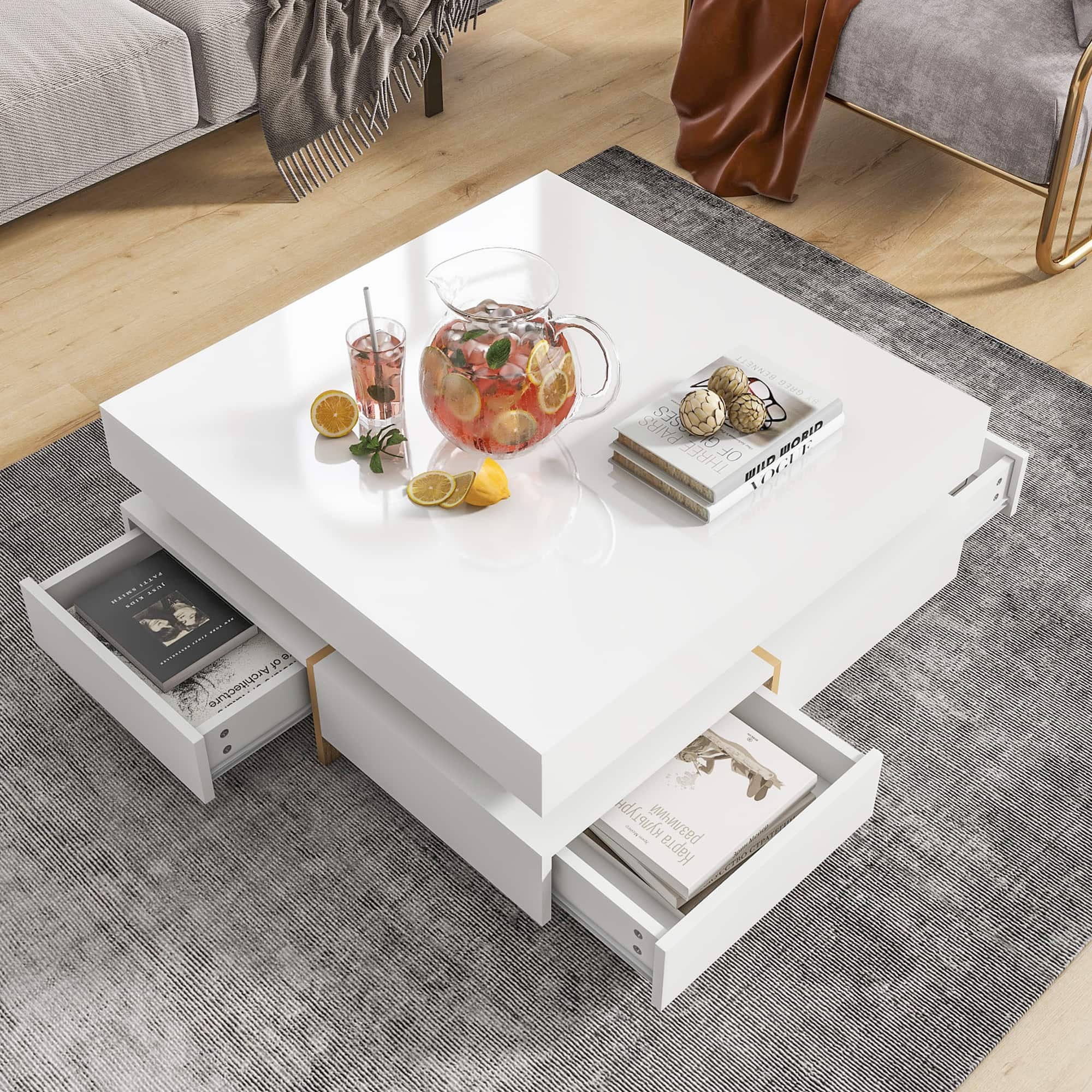 Tiramisubest - Modern High Gloss Coffee Table with 4 Drawers,Multi-Storage Square Cocktail Tea Table with Wood Grain Legs - White
