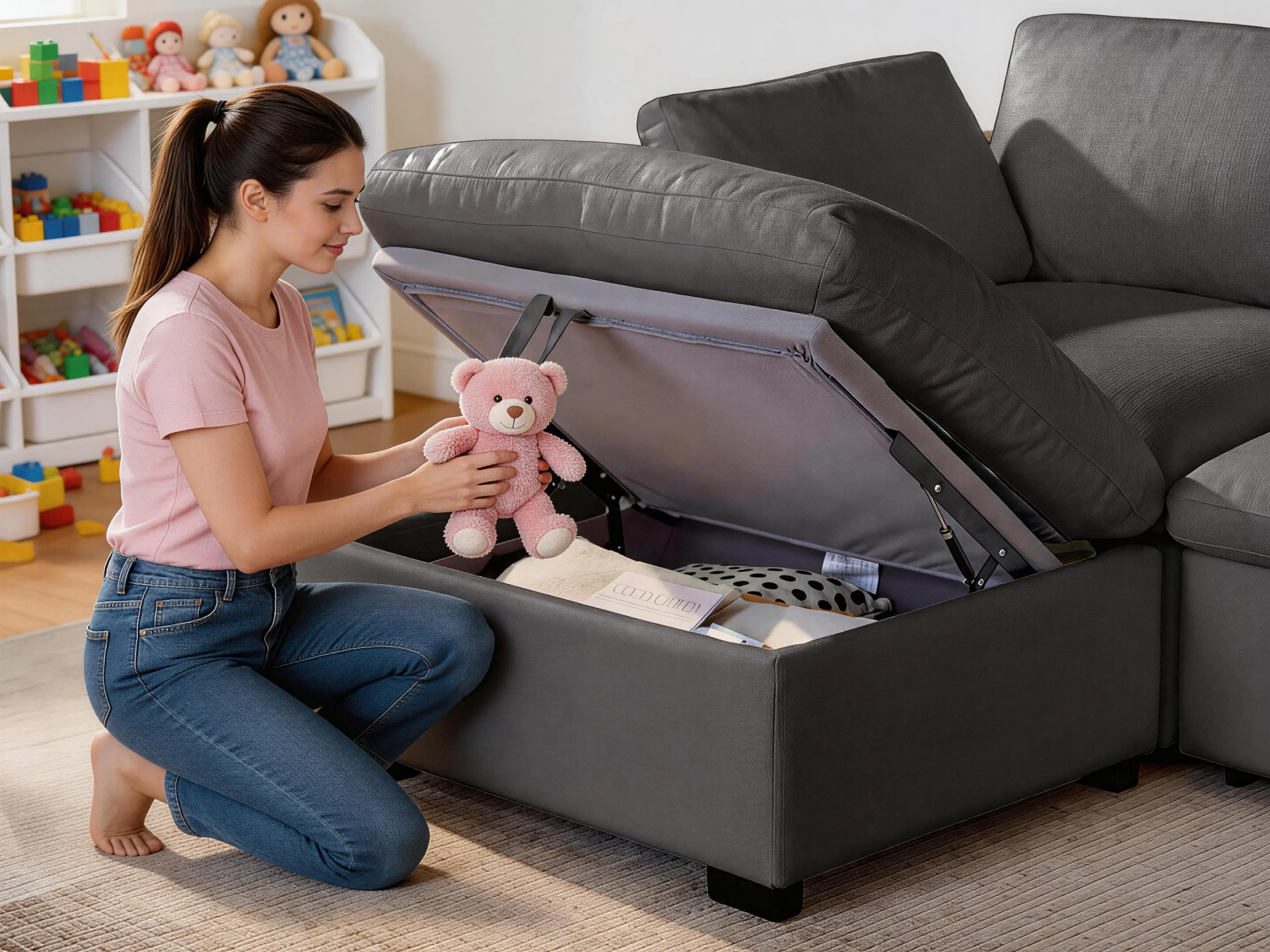 Alt View 1. Dyonery - Dyonery 160" U Shaped Couch with Storage Ottoman， Down-Filled Wide Deep Seat, Solid Wood Frame, Tool Free, Gray - Linen Gray.