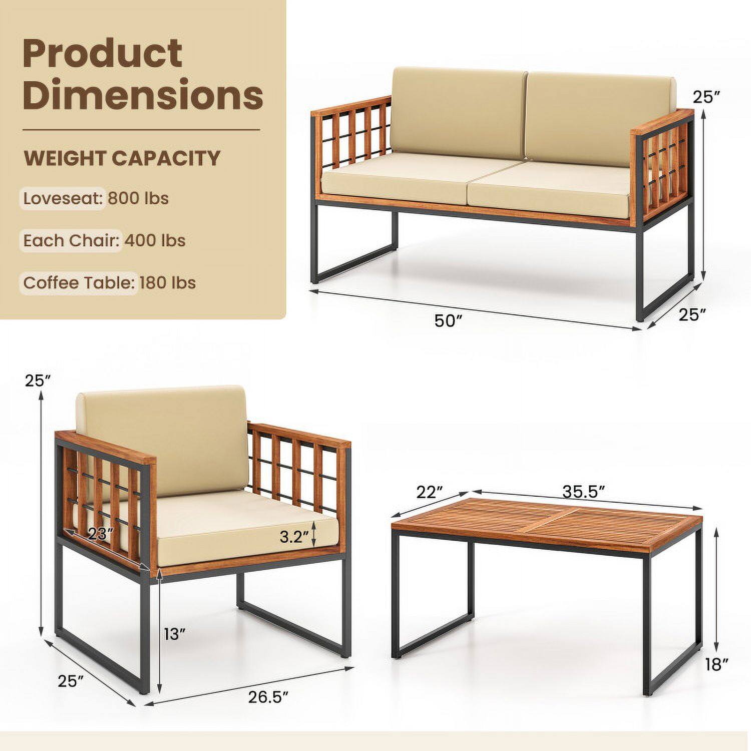 Product Dimensions

WEIGHT CAPACITY
- Loveseat: 800 lbs
- Each Chair: 400 lbs
- Coffee Table: 180 lbs

Dimensions:
- Loveseat: 50" W x 25" D x 25" H
- Chair: 25" W x 26.5" D x 25" H
- Coffee Table: 35.5" W x 22" D x 18" H