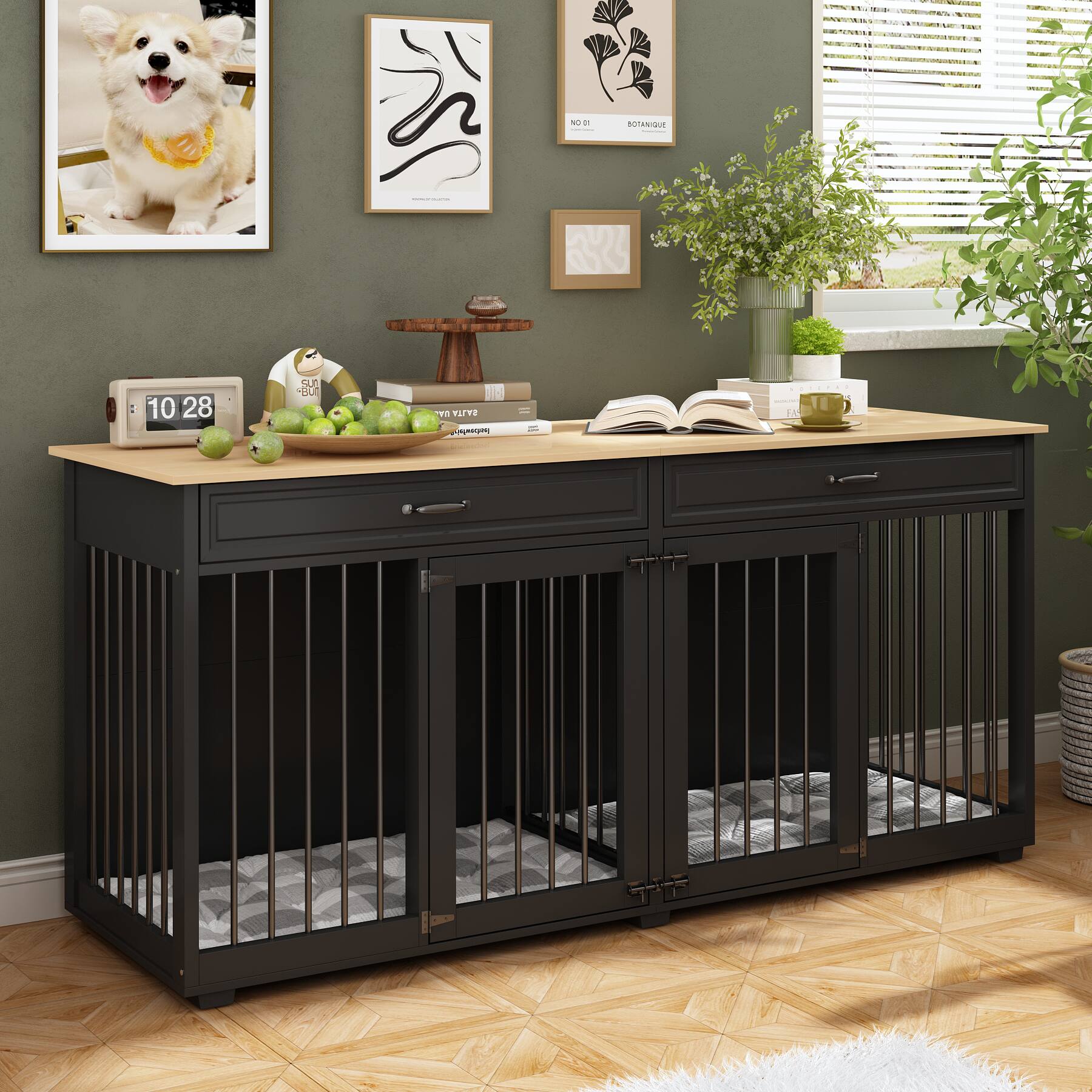 Left. FUFU & GAGA - Dual Compartment Dog Cage Furniture - Removable Divider & Hidden Storage Drawers.
