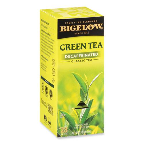 FAMILY TEA BLENDERS  
BIGELOW  
SINCE 1945  

GREEN TEA  
DECAFFEINATED  
CLASSIC TEA  

100%  
BIGELOW  

28 TEA BAGS  
FOR DISPENSER USE  

NET WT 28 OZ (36g)