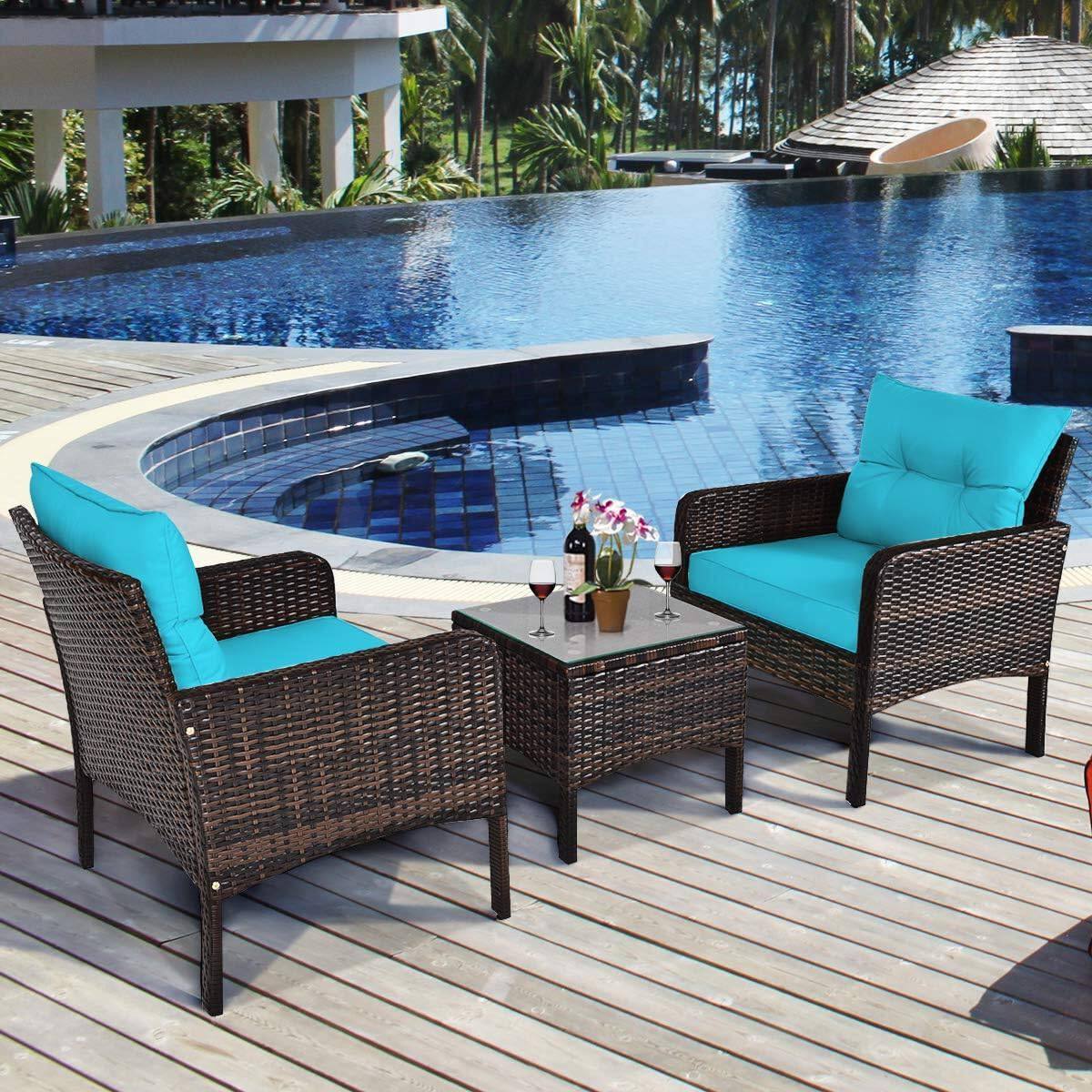 Back. Hivvago - 3-Piece Brown PE Rattan Outdoor Patio Furniture Dining Set w/ Turquoise Cushions - Turquoise, Brown.